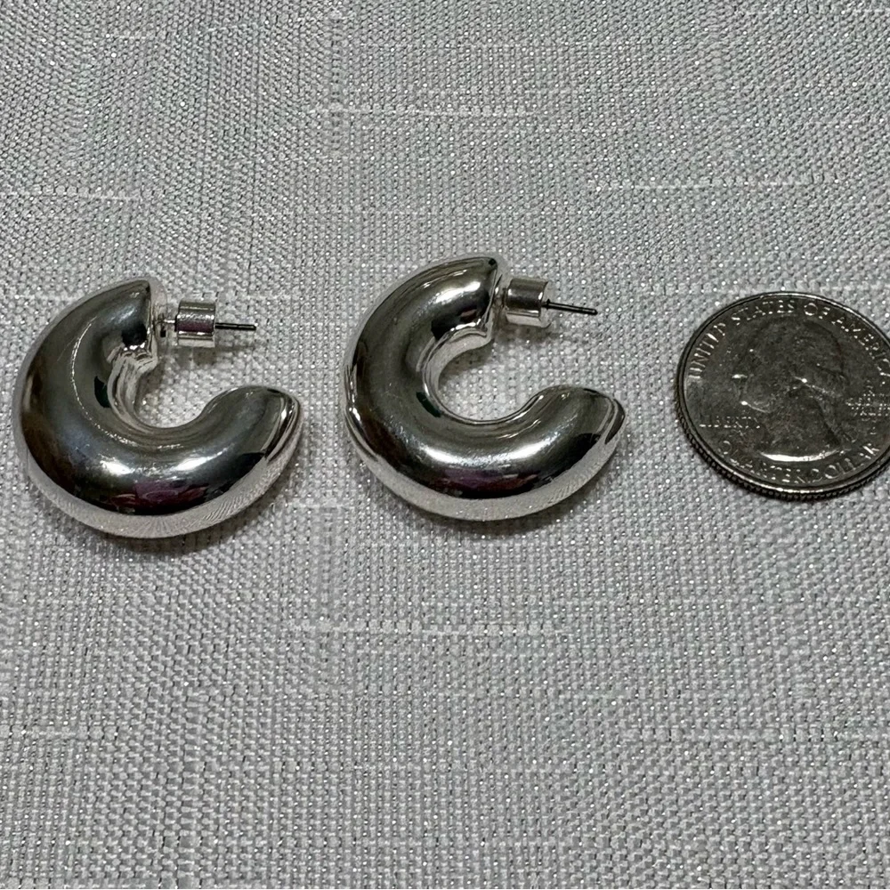 Chunky Silver Hoop Stud Earrings - Picture 2 of 2